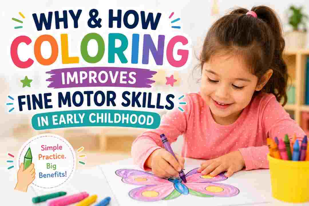 Child coloring butterfly with crayons, promoting fine motor skills development.