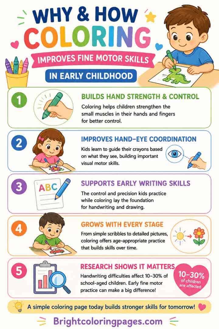 Child coloring page promoting early childhood development and skills.