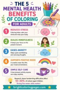 Infographic on mental health benefits of coloring for adults, including stress relief and mindfulnes.
