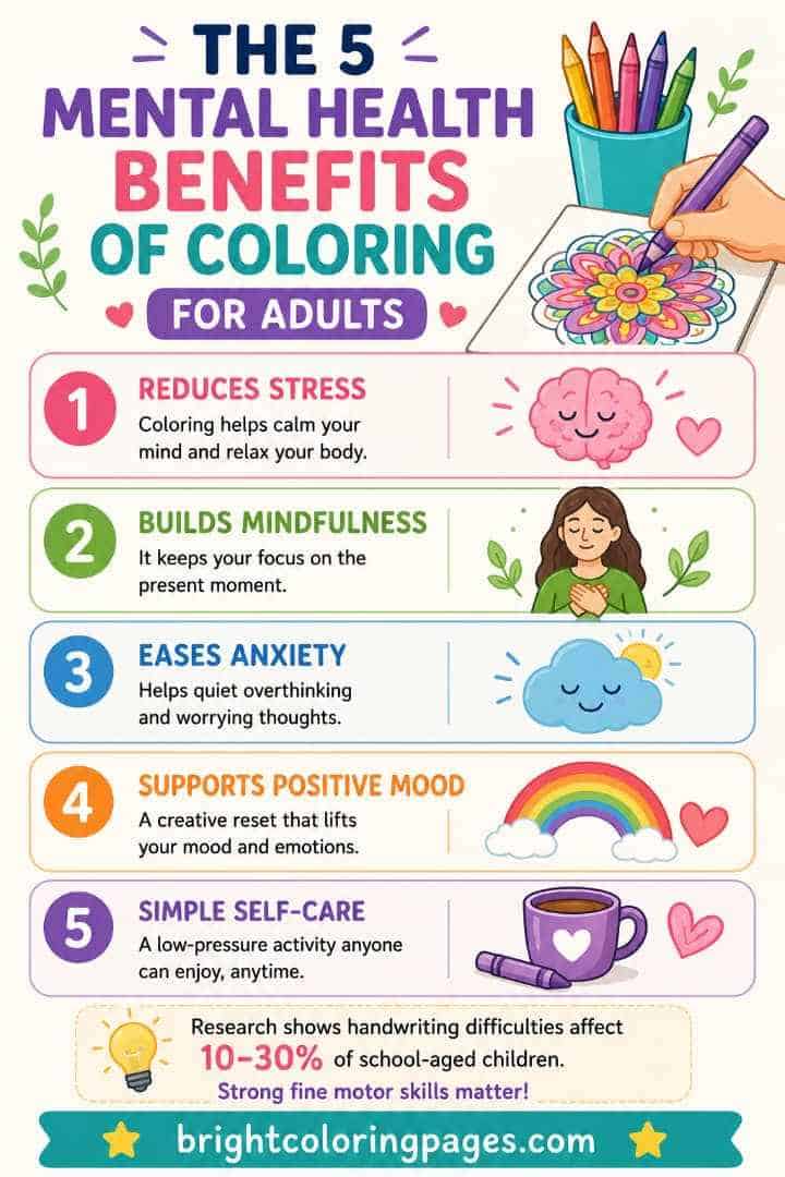 Infographic on mental health benefits of coloring for adults, including stress relief and mindfulnes.