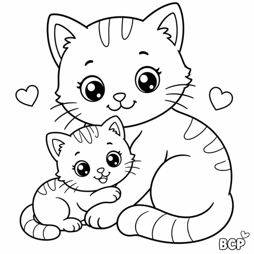 Mother cat cuddling kitten coloring page