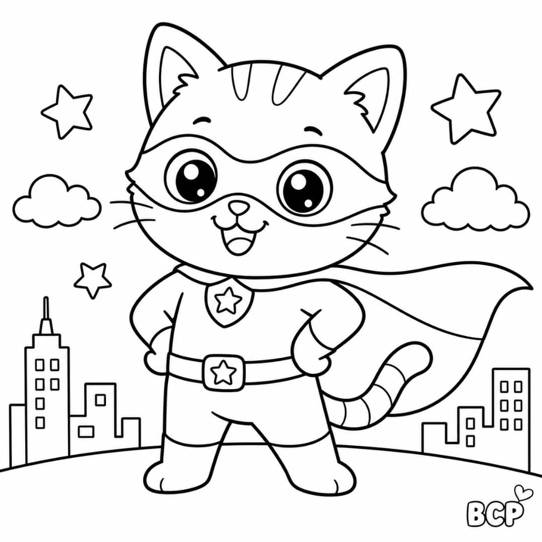 Cute superhero cat coloring page for kids 