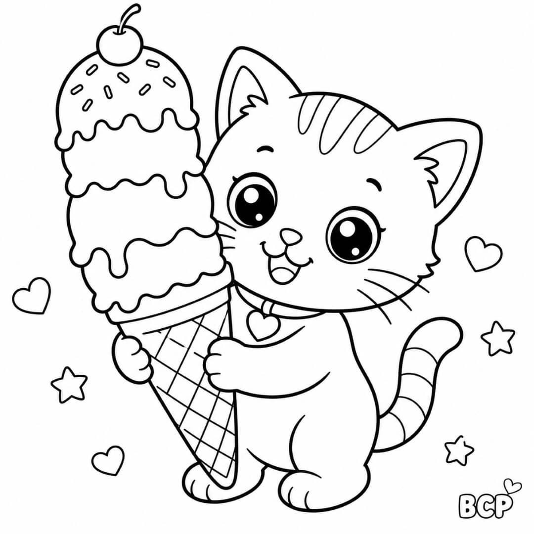 Cute kitten holding ice cream coloring page