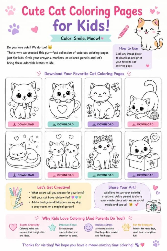 15 Cute Cat Coloring Pages for Kids: Free Printable PDF Download