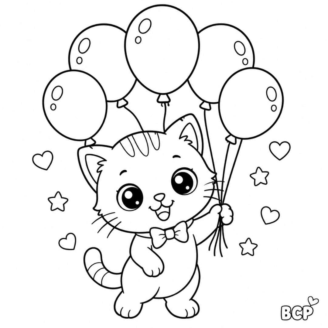 Happy kitten holding balloons coloring page 