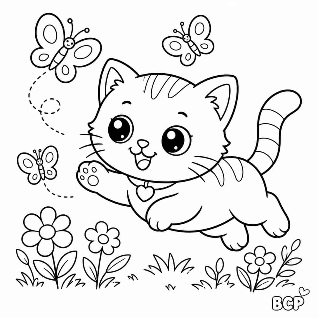 Playful kitten chasing butterflies coloring page