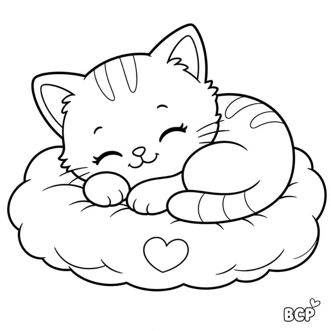 Cute sleeping kitten on a pillow coloring page