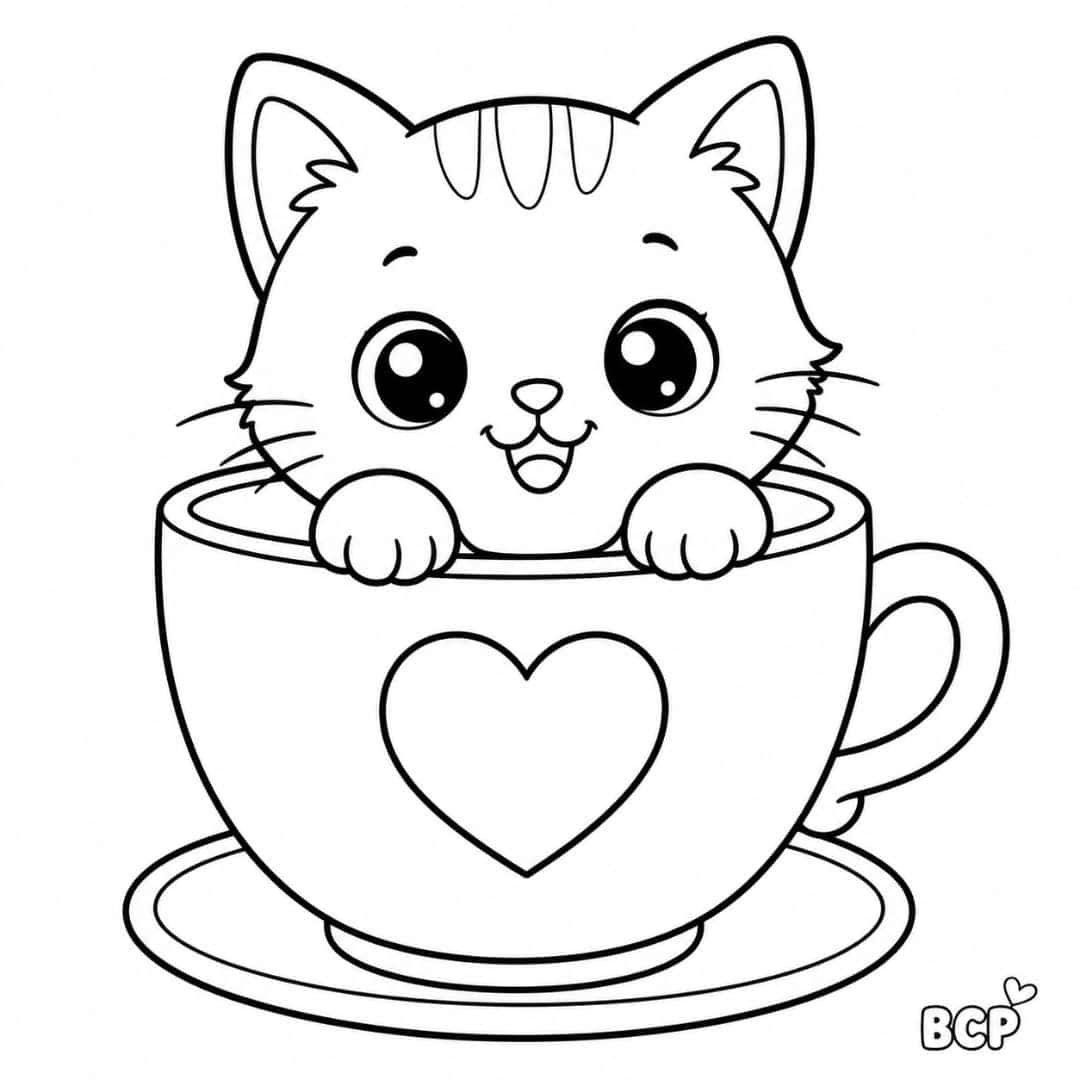 Adorable kitten in a teacup coloring page 