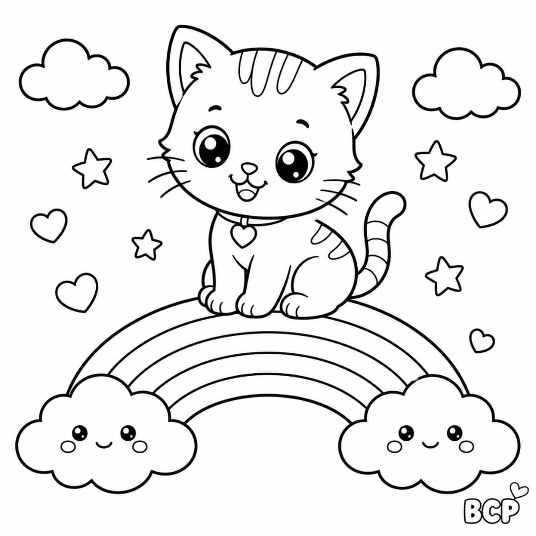 Cute kitten sitting on a rainbow coloring page