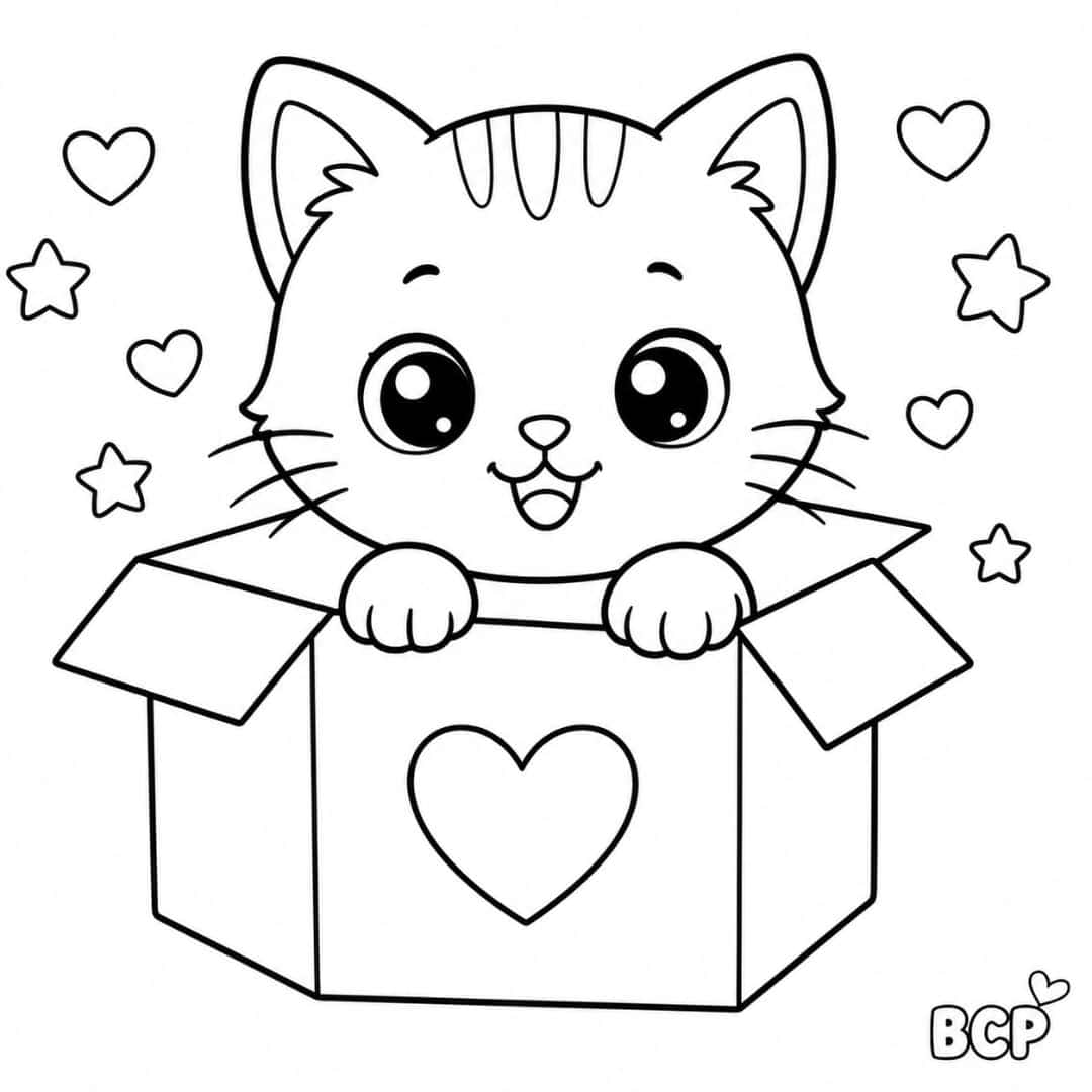 Cute kitten sitting inside a cardboard box coloring page