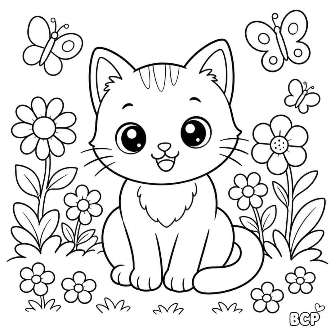 Cute cat in a flower garden coloring page for children 