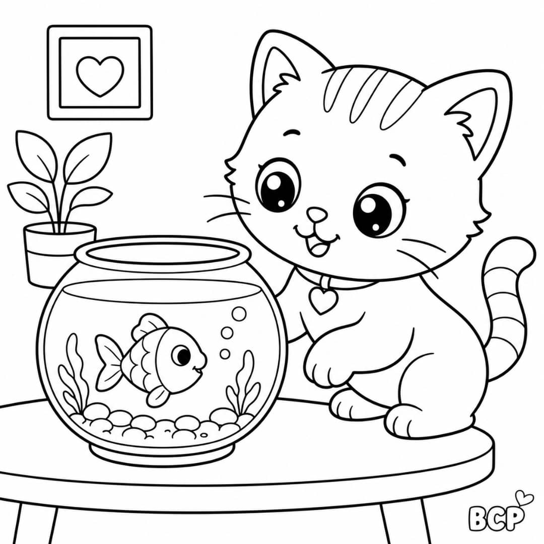Cute cat looking at a fish bowl coloring page