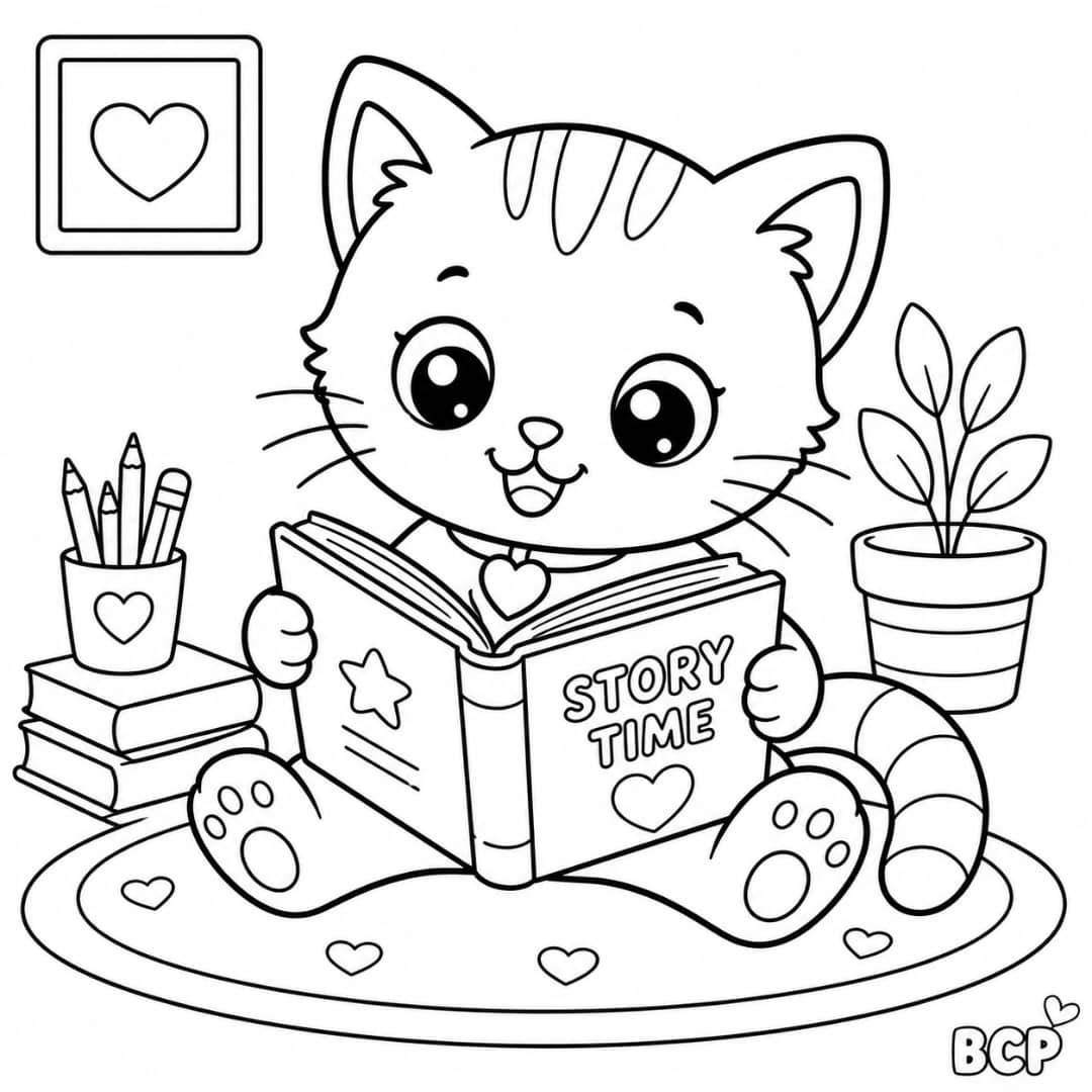 Adorable cat reading a book coloring page