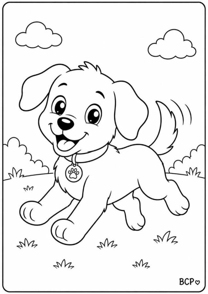 Running puppy coloring page.