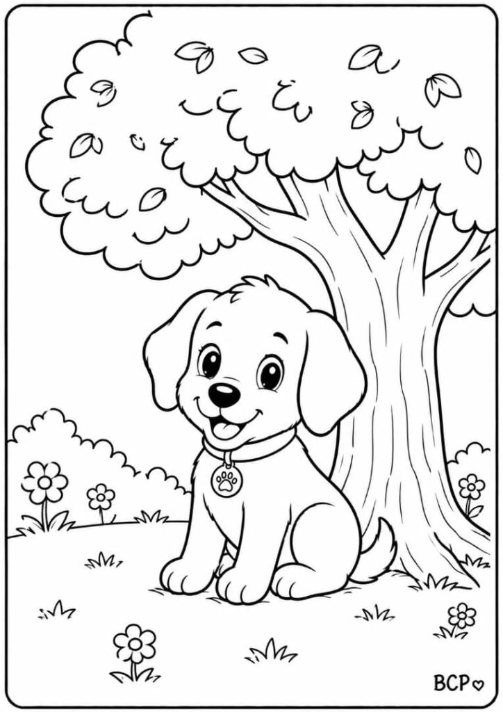 Cute puppy sitting under a tree coloring page