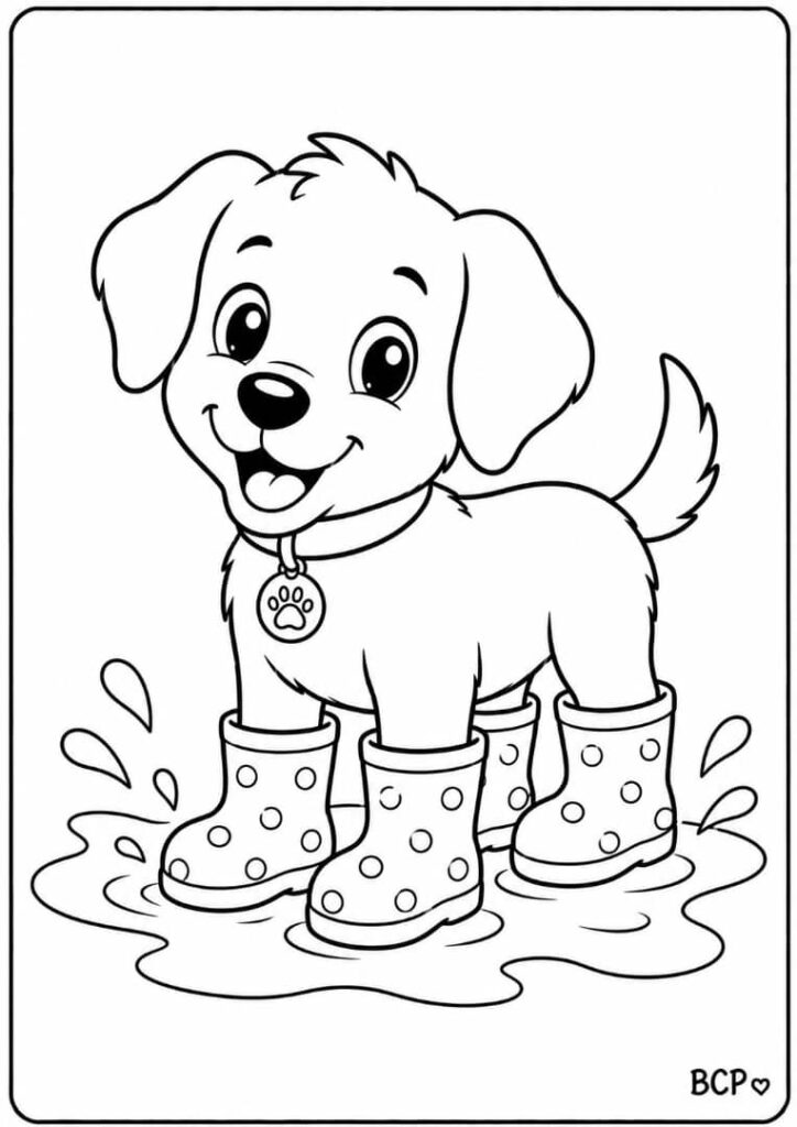 Adorable puppy wearing rain boots coloring pageCaption