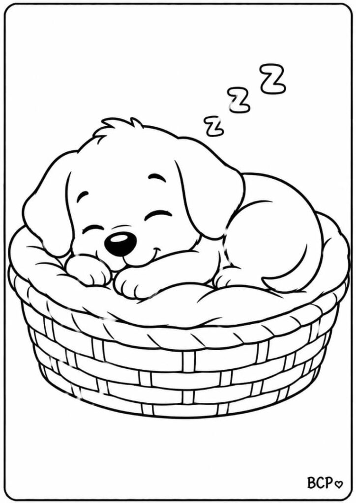 Cute puppy sleeping in a basket coloring page