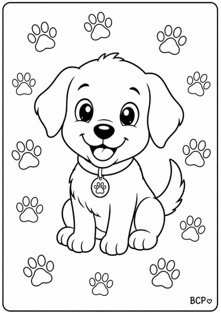 Dog with paw prints coloring page.