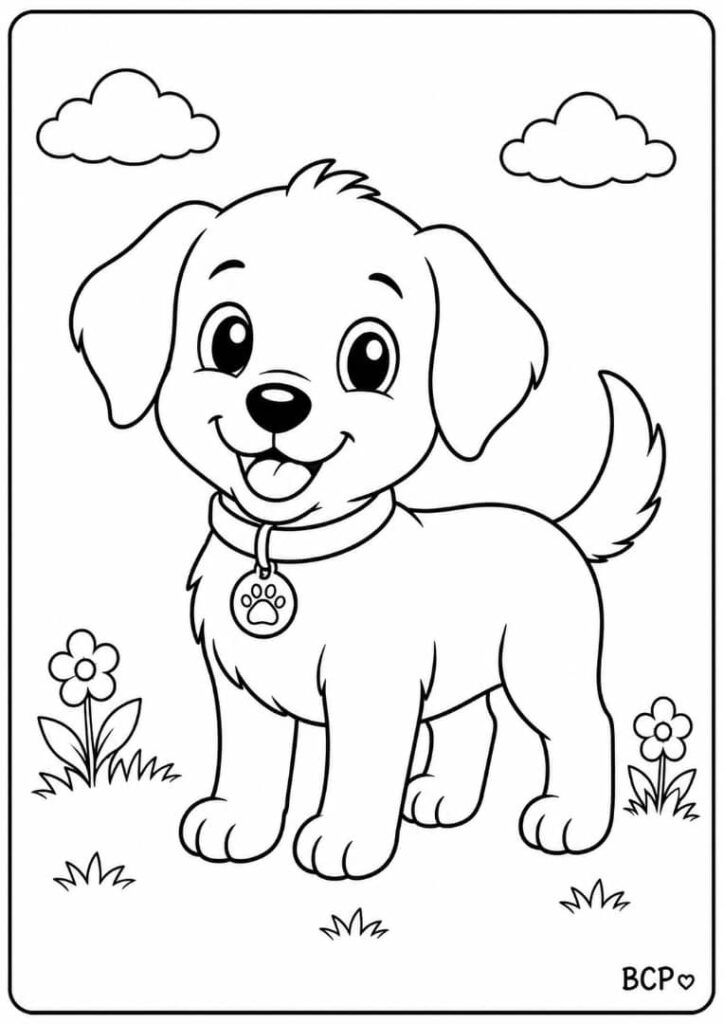 Cute dog wearing a collar coloring page.