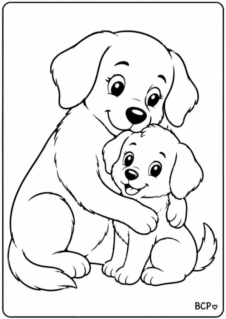 Mother dog cuddling her puppy coloring page 