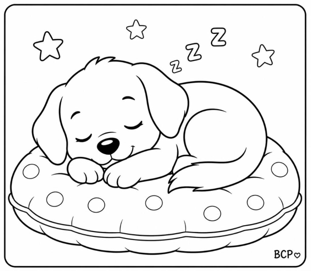 Sleeping puppy coloring page for kids.