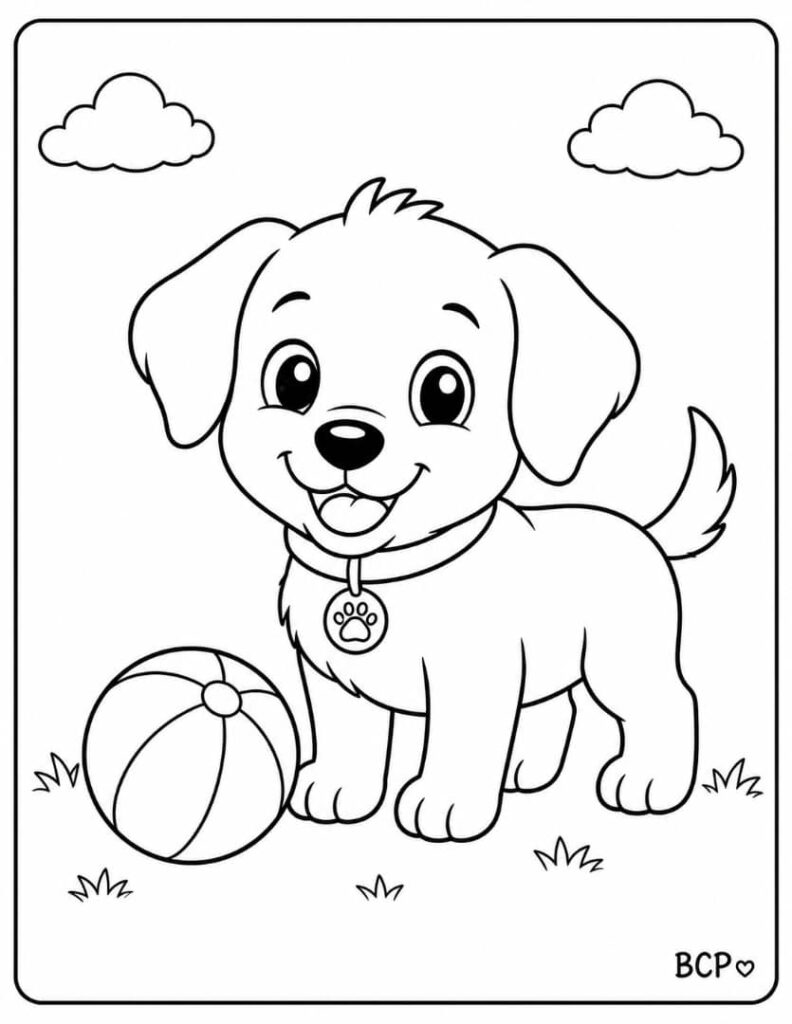 Puppy with a ball coloring page.