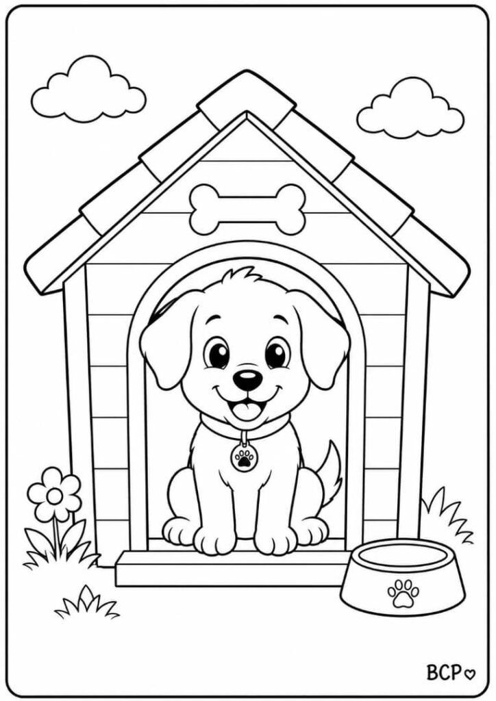 Puppy in a dog house coloring page.