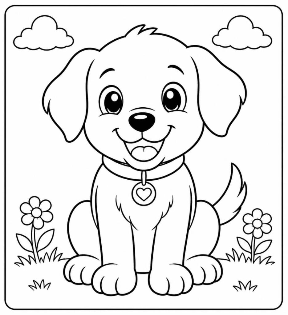 Cute puppy sitting and smiling coloring page for kids.