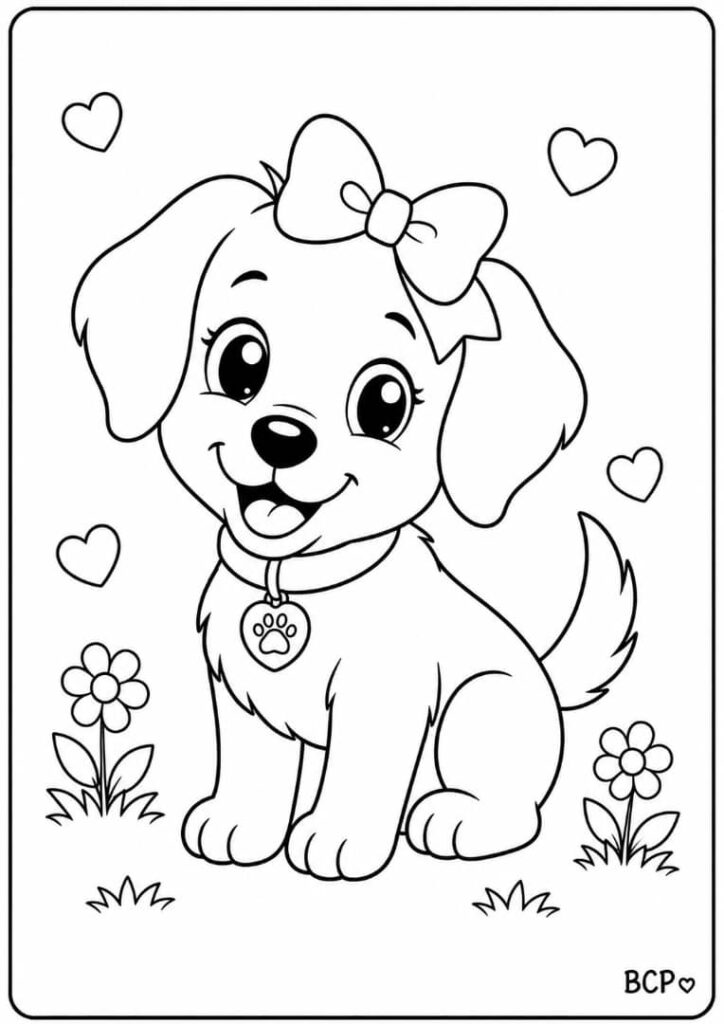Puppy with a bow coloring page.