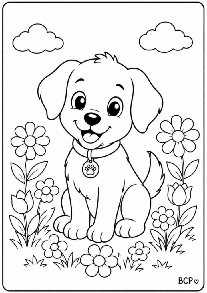 Puppy with flowers coloring page.