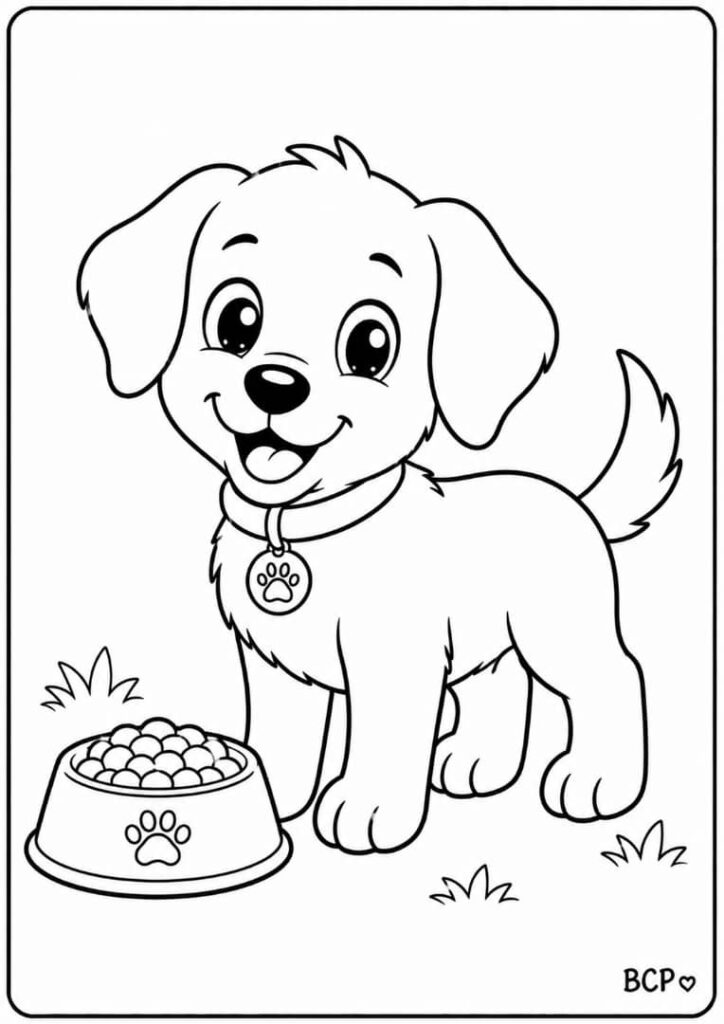 Puppy and food bowl coloring page.