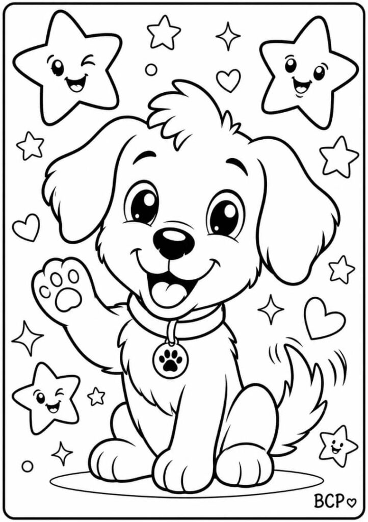 Puppy with stars coloring page.