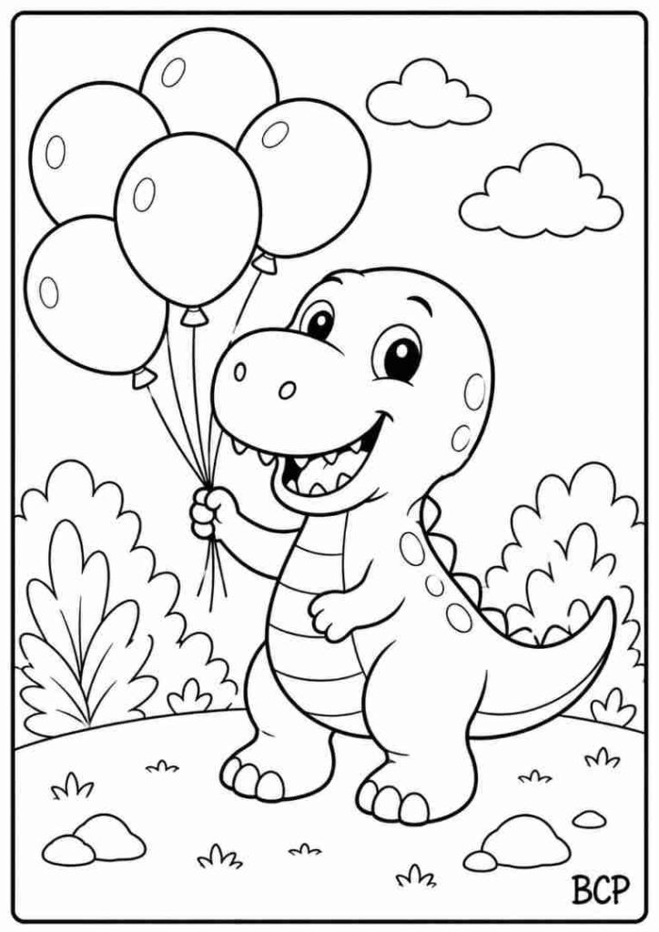 T Rex with balloons coloring page