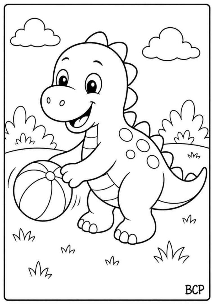 Dinosaur playing ball coloring page