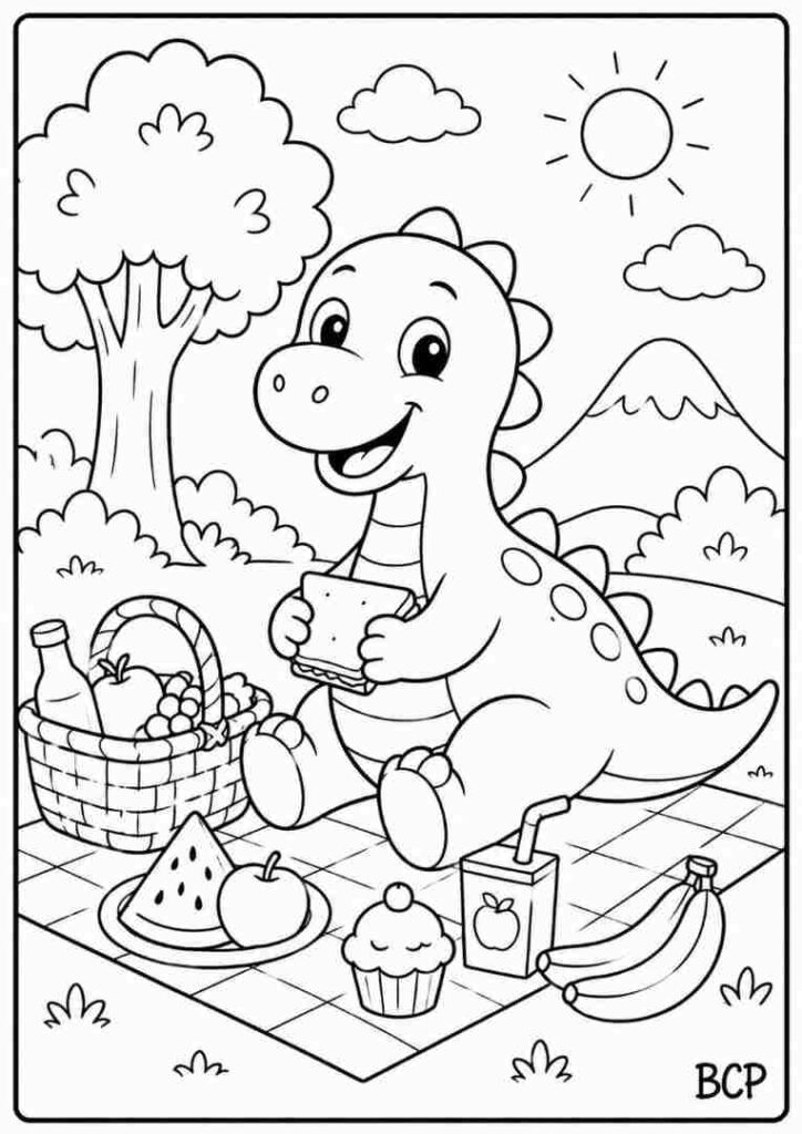Dinosaur picnic free printable coloring page