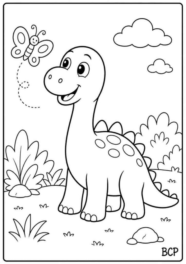 Dinosaur and butterfly coloring page