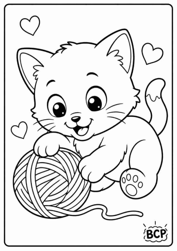 Adorable baby kitten playing with a ball of yarn