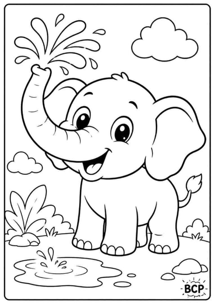 Friendly baby elephant spraying water with trunk