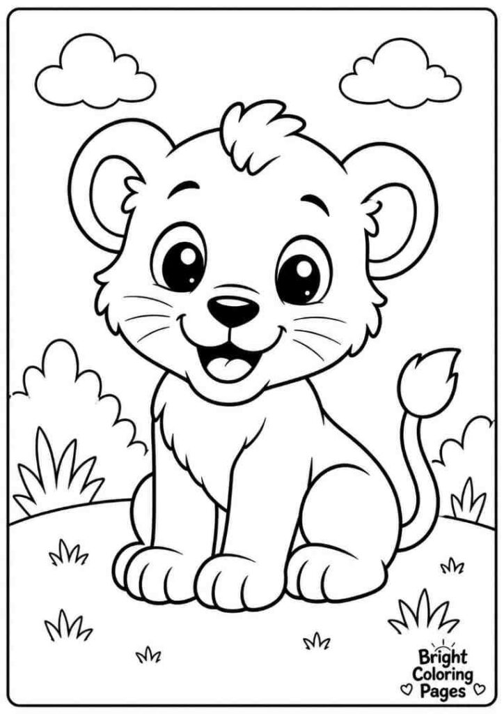 Happy baby lion cub sitting on grass