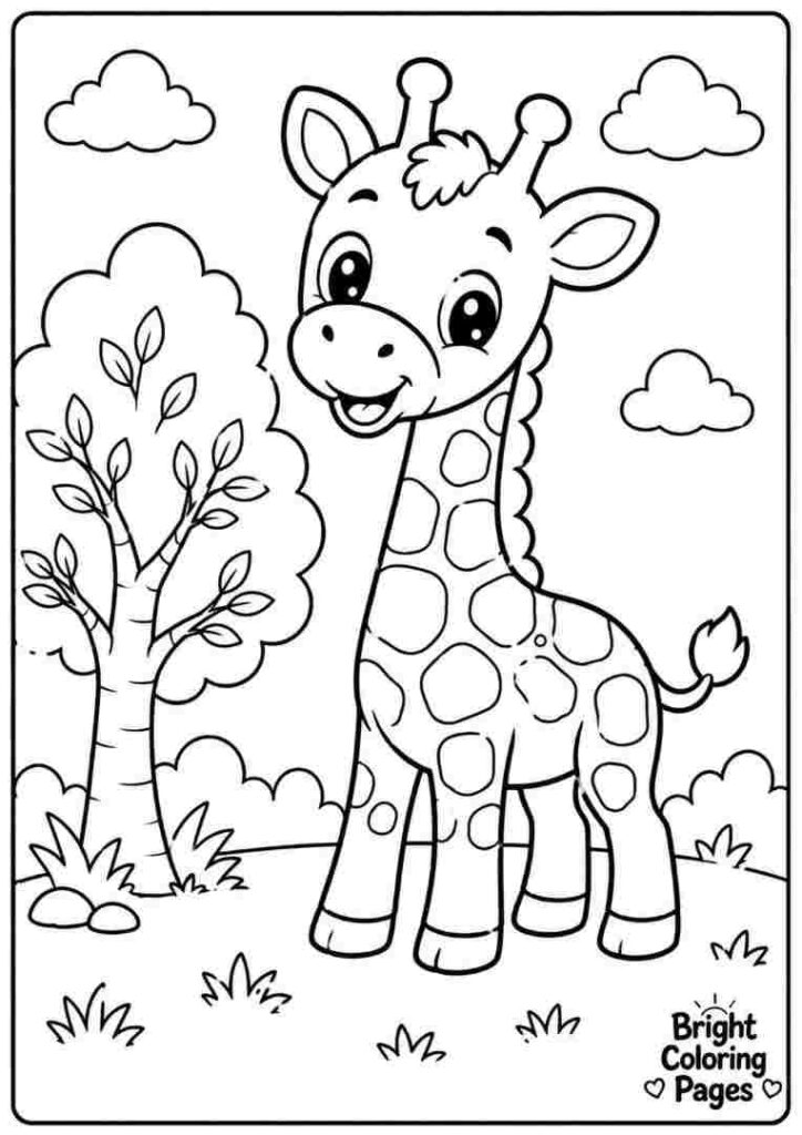 Cute baby giraffe standing beside a small tree
