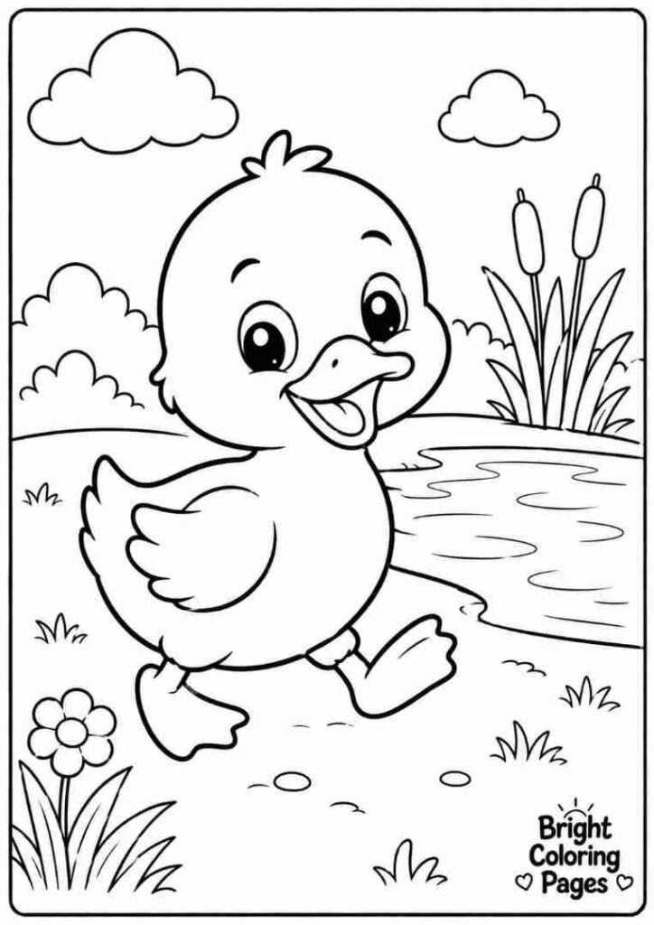 Baby duckling waddling near a pond