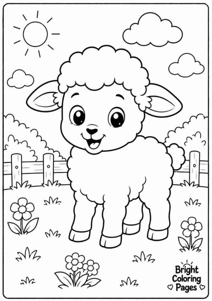 Fluffy baby lamb standing on grass