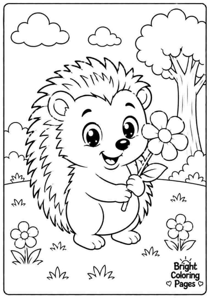 Cute baby hedgehog holding a flower
