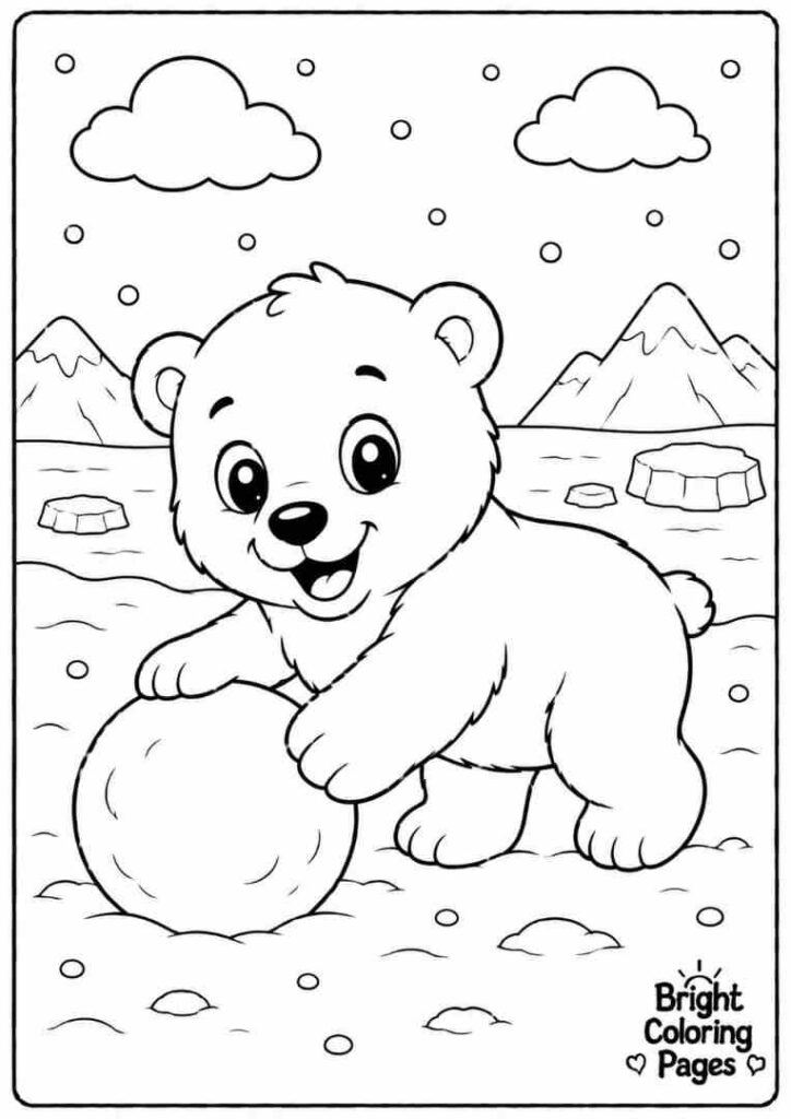 Cute baby polar bear playing in snow,