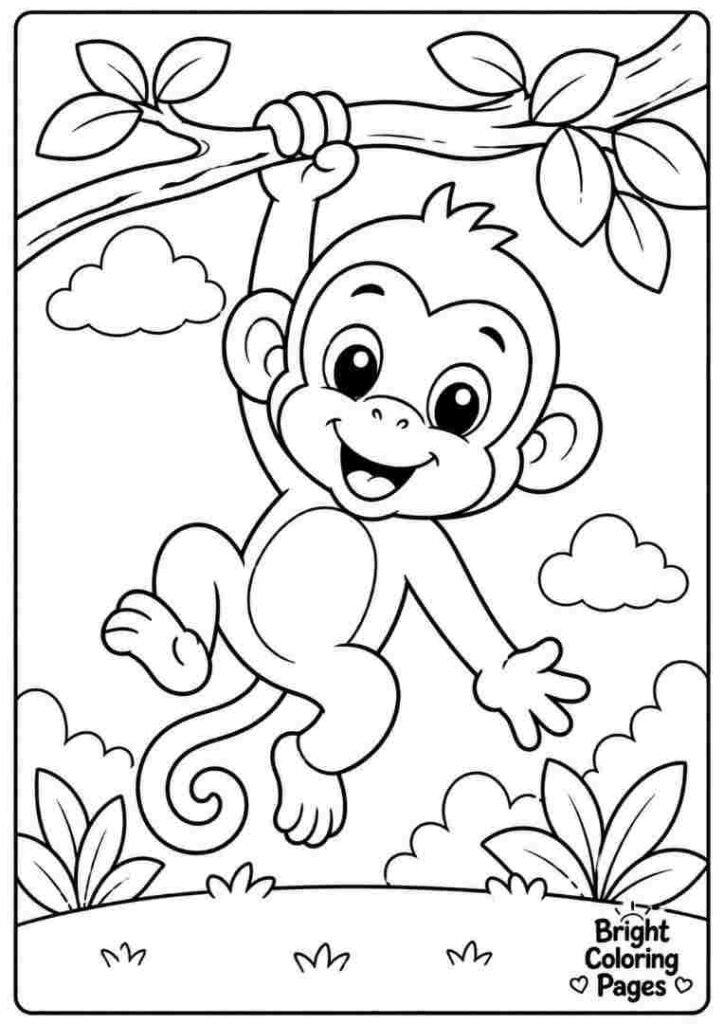 Cute baby monkey hanging from a tree branch