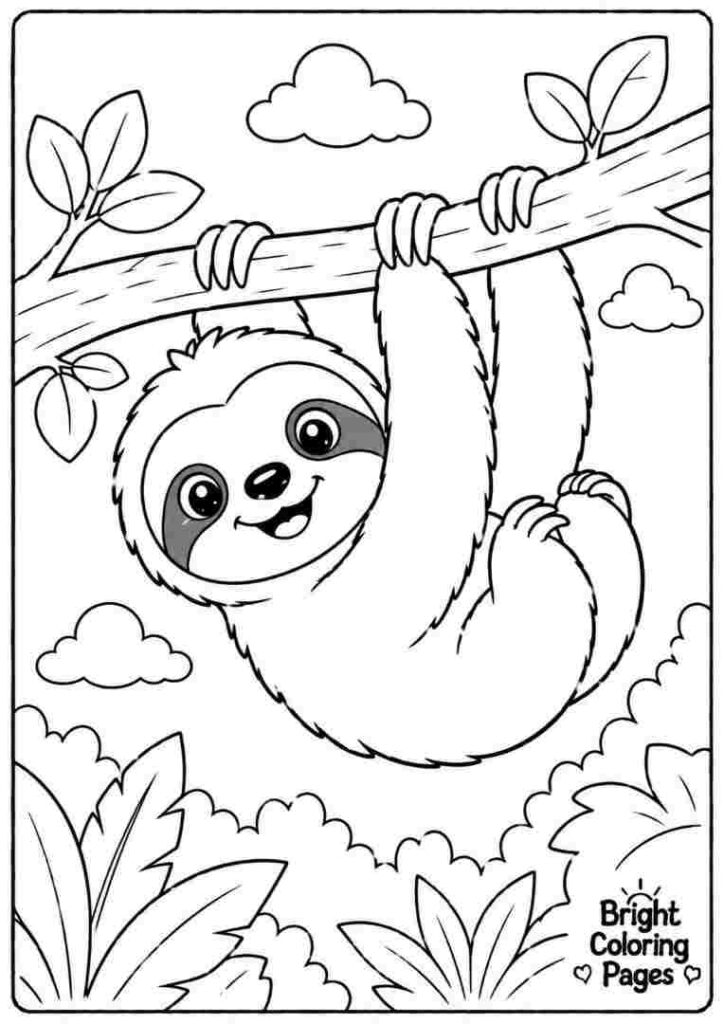 Adorable baby sloth hanging from a branch