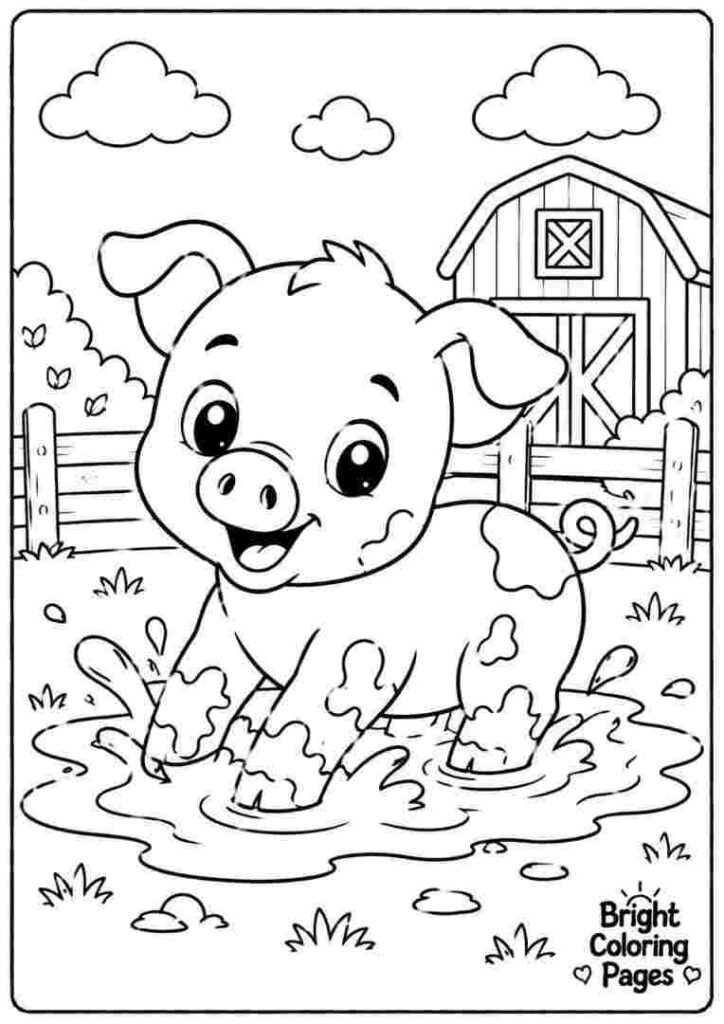 Happy baby piglet playing in mud