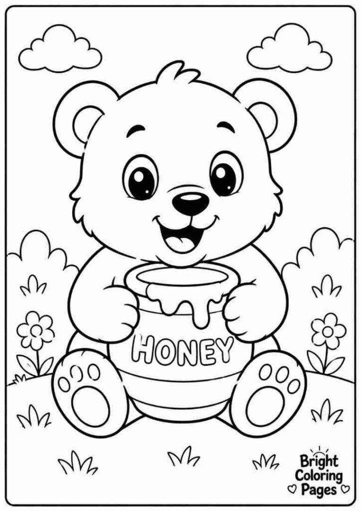 Baby bear holding honey pot,