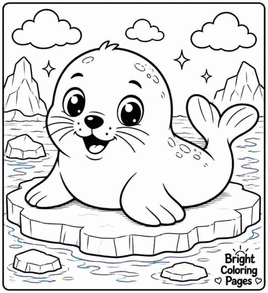 Adorable baby seal resting on ice,