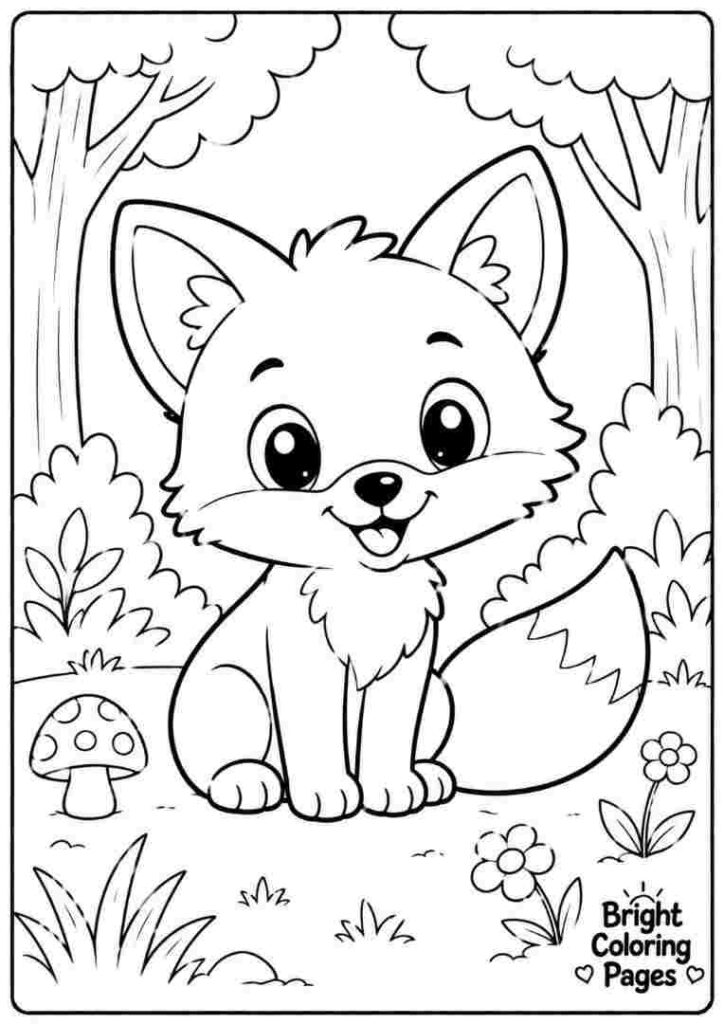 Cute baby fox sitting in a forest clearing